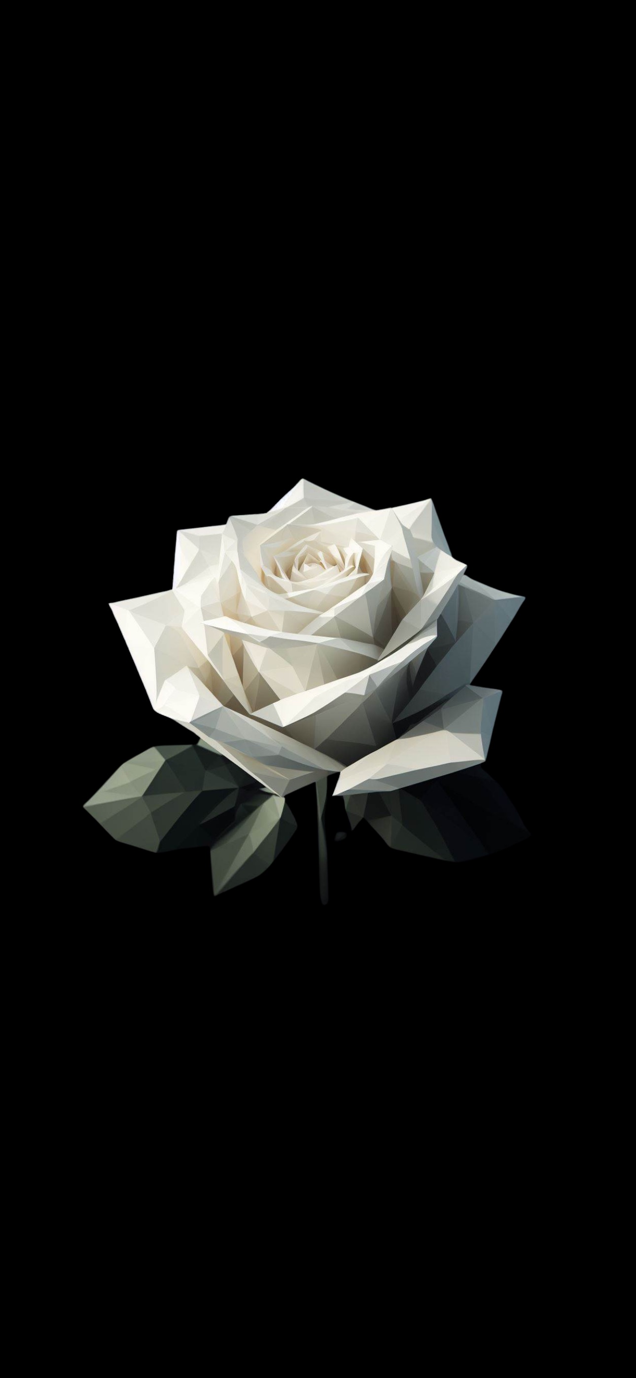 A geometric white rose with angular petals and dark green leaves against a black background.